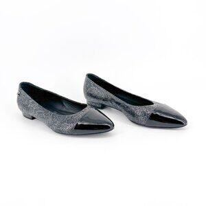 Chanel CC Cap Toe Ballet Flats Black Silver Leather Size 37.5 US 6.5–7 Women